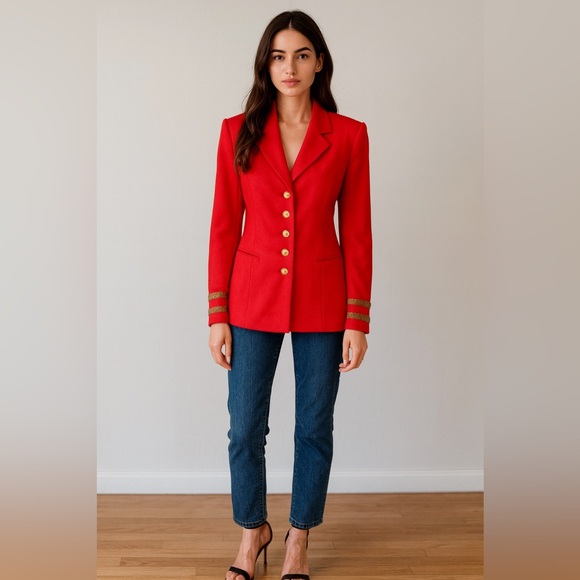 Escada Margaretha Ley Wool Vtg 80s 1980s Poppy Red Gold Nautical Blazer Jacket - Picture 3 of 14